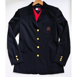 Tommy Hilfiger Womens Navy Wool Crest Blazer Gold Buttons Preppy Size 6 Academia